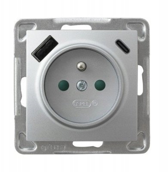 Picture of Gniazdo pojedyncze Ospel Impresja GP-1YZPUSBAC/m/18 z uziemieniem z przesonami torów prdowych z adowark USB A+C 250V 16A IP20 Srebrny