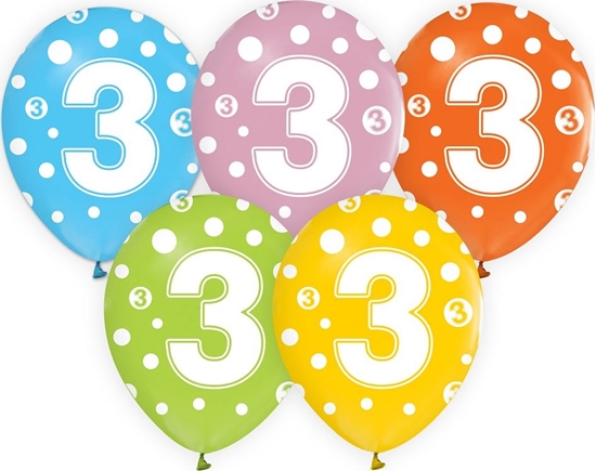 Изображение GoDan Balony z cyframi: 3, 12"/ 5 szt. Godan