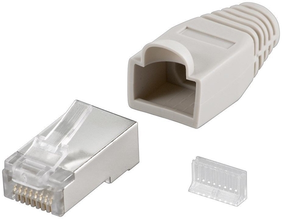 Picture of Goobay 68746  RJ45 plug, CAT 5e STP shielded with strain-relief boot, grey | for round cable with Threader   cable lead in 6.4 mm single packed (1 set per polybag)  Technical specifications  Connections  Connection, type  RJ45 male (8P8C)   Connection, co