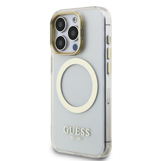 Picture of Guess IML Gold Outline Stand Camera Frame MagSafe Case for Apple iPhone 15 Pro Max