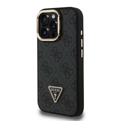 Attēls no Guess PU 4G Strass Triangle Logo Stand Camera Frame MagSafe Case for iPhone 15 Pro / Black
