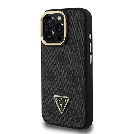 Изображение Guess PU 4G Strass Triangle Logo Stand Camera Frame MagSafe Case for iPhone 15 Pro / Black