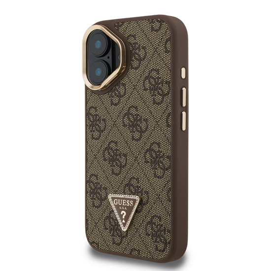 Изображение Guess PU 4G Strass Triangle Logo Stand Camera Frame MagSafe Case for iPhone 16 / Brown