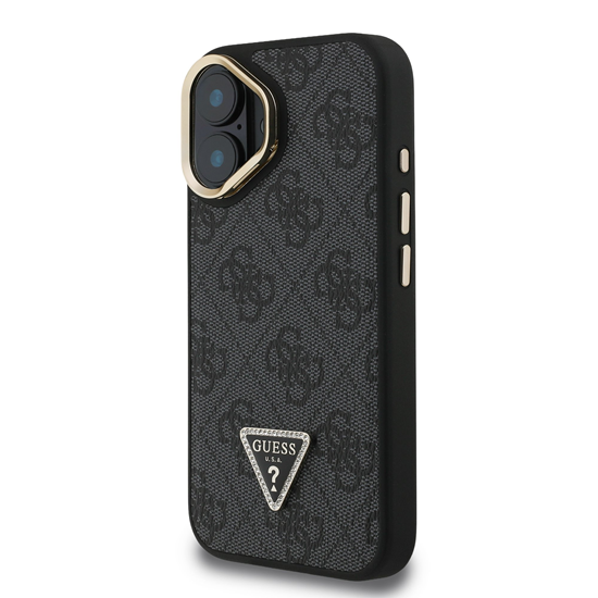 Изображение Guess PU 4G Strass Triangle Logo Stand Camera Frame MagSafe Case for iPhone 16 / Black