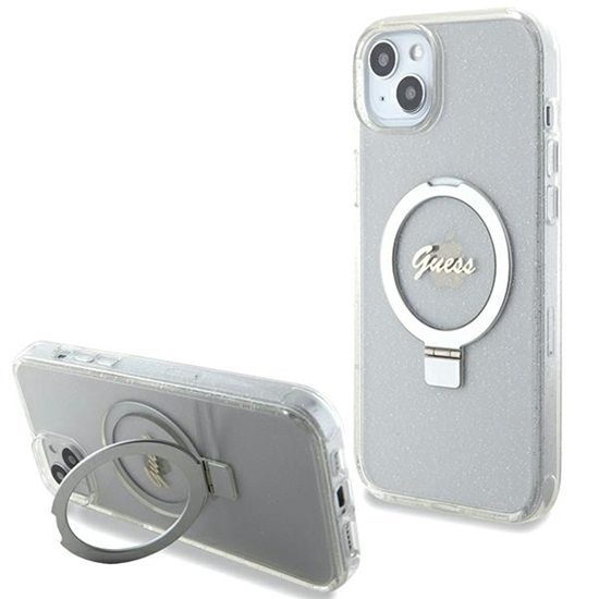Изображение Guess Ring Stand Script Glitter MagSafe Back Case for Apple iPhone 15 Plus