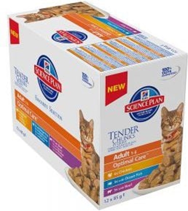 Attēls no Hills  Feline Adult Chicken & Ocean Fish & Beef Optimal Care MULTIPAK saszetka 12x85g