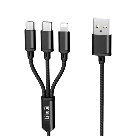 Picture of iLike Charging Cable 3 in 1, USB, Type C, Lightning, CCI02 Black
