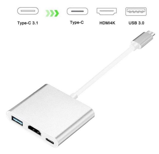 Изображение iLike HD1 3in1 USB-C (Type-C) Plug to HDMI 4K / USB 3.0 / USB-C Female Audio & Video Cable Adapter Silver