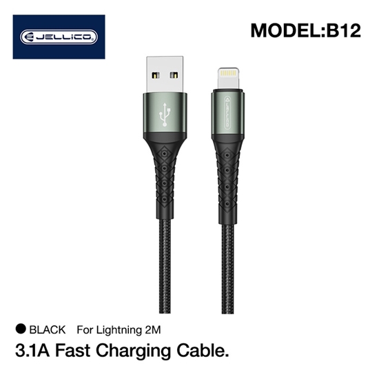 Picture of Jellico B12 Nylon Braided iPhone & iPad Lightning to USB Data & Fast 3.1A Charger Cable 2m Black