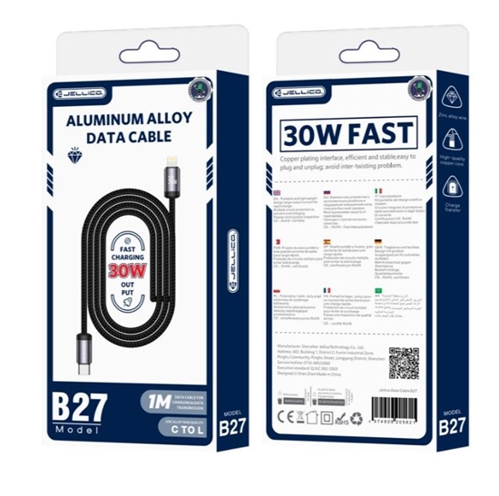 Picture of Jellico B27 Woven Cotton iPhone & iPad USB-C to Lightning Data & Fast PD 30W Charger Cable 1m Black