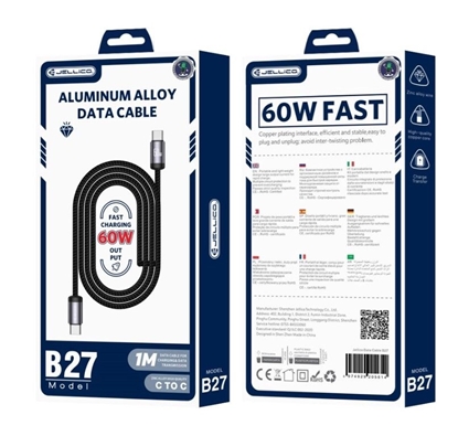 Picture of Jellico B27 Woven Cotton Universal USB-C to USB-C Data & Fast PD 60W Charger Cable 1m Black