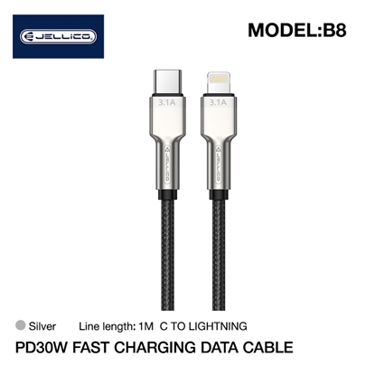 Изображение Jellico B8 Neilona Pīts cinkota konektora iPhone & iPad Lightning uz USB-C Datu & PD Ātrās 30W uzlādes kabelis 1m Melns
