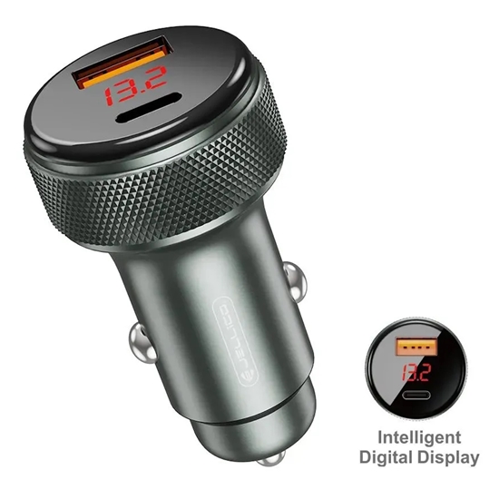 Изображение Jellico F13 Metal Dual Port Car Fast Adaptive Charger USB QC 22.5W + PD USB-C 33W Black