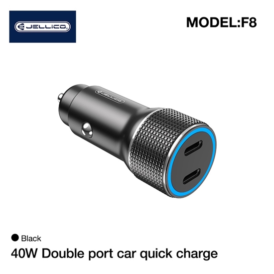 Picture of Jellico F8 40W Compact Car DC 12-24V Dual PD 20W USB Socket 3A Adaptive Fast Charger Black