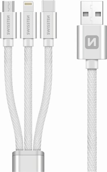 Picture of Kabel USB Swissten USB-A - USB-C + micro-B + Lightning 1.2 m Srebrny (SV0153259010)