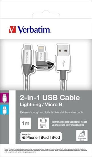 Picture of Kabel USB Verbatim USB-A - microUSB + Lightning 1 m Szary (48869)