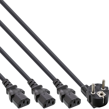 Picture of Kabel zasilajcy InLine Y-Power Cable 1x Typ F German Plug to 3x IEC Plug black, Version 1 (2m+1/2/3m)