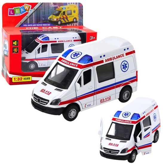 Picture of Karetka Ambulans Metalowy Z Napdem Pull Back wiata Dwiki Biay 1:32 LEAN Toys