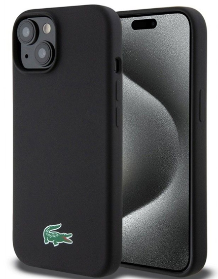 Picture of Lacoste Apple iPhone 15 6.1 Liquid Silicone Microfiber Croc Logo Magsafe Back Cover Black
