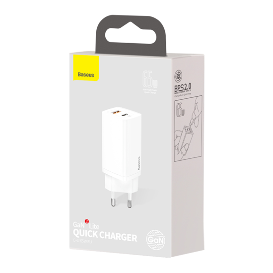 Изображение Lādētājs Baseus GaN2 Lite Quick Charger 1 x USB-C + 1 x USB 65W White