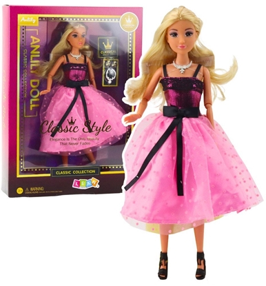 Attēls no LeanToys Lalka Anlily W Róowej Sukience Z Czarn Kokard Kolczyki Naszyjnik