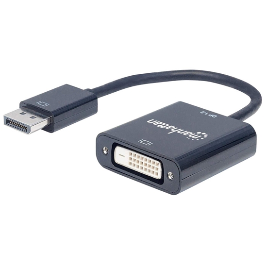 Picture of Manhattan DisplayPort 1.2a to DVI-D 24+1 Adapter Cable, 1080p@60Hz, 23cm, Male to Female, Active, Equivalent to DP2DVIS, Compatible with DVD-D, Black, Three Year Warranty, Polybag