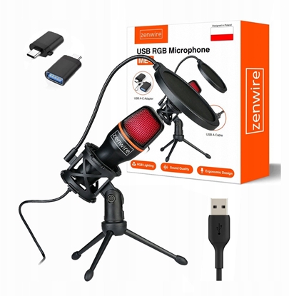 Picture of Mikrofon Pojemnociowy Studyjny do Komputera PC Gamingowy RGB USB-C USB 3.0 Zenwire  ME4