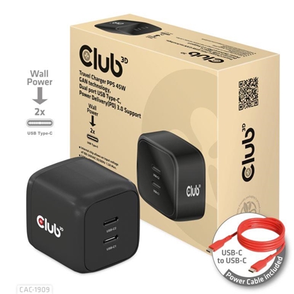 Attēls no MOBILE CHARGER WALL USB-C DUAL/45W CAC-1909EU CLUB3D