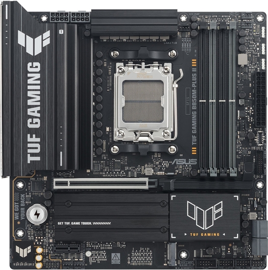 Picture of Asus TUF GAMING B850M-PLUS II | Processor family AMD | Processor socket AM5 | DDR5 | Supported hard disk drive interfaces SATA, M.2 | Number of SATA connectors 4