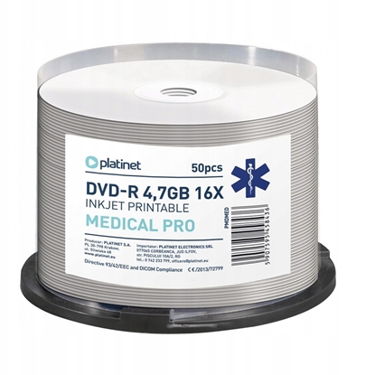 Attēls no PLATINET DVD-R 4,7GB 16X FF WHITE INKJET PRINTABLE MEDICAL PRO CAKE*50 [45843]
