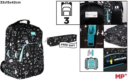 Picture of Plecak trzykomorowy czarny 32x12x38cm + piórnik