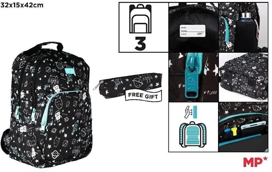 Picture of Plecak trzykomorowy czarny 32x12x38cm + piórnik