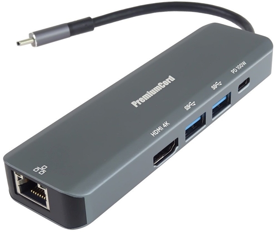 Picture of PREMIUMCORD Adaptér USB-C na Gigabit 10/100/1000Mbps + 1x HDMI,  2x USB3.2, 1x PD 100W konektor, edá