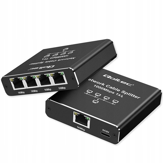 Изображение Rozdzielacz splitter Ethernet  mini SWITCH 1x4 RJ45 | 1000Mb/s | USB-C | Aluminium 