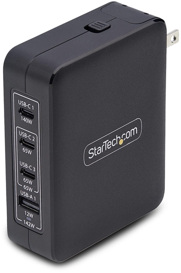 Picture of adowarka StarTech .com 140W USB-C Wall Charger, USB-C/USB-A, PD GaN Power Adapter - Zasilacz - Technologia GaN - 140 Watt - 5 A - Power Delivery 3.1 - 4 wyjciowe zcza (USB, 3 x USB-C) - czarny