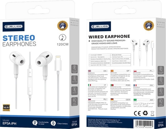 Изображение Suchawki Jellico JELLICO suchawki przewodowe EP3A Lightning z mikrofonem 1.2M Biay standard