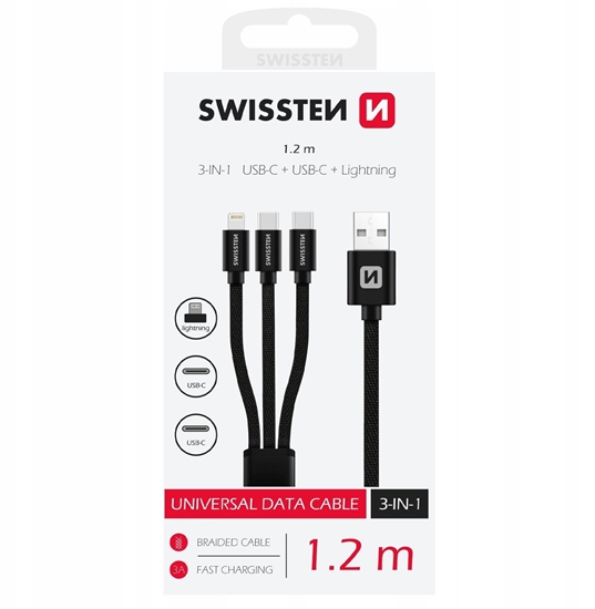 Picture of Kabel USB Swissten USB-A - USB-C + microUSB + Lightning 1.2 m Czarny (8595217481541)