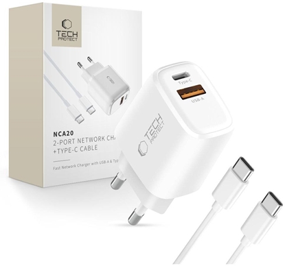 Attēls no Tech-Protect Tech-Protect NCA20 PD 20W QC3.0 USB-A / USB-C Wall Charger + USB-C / USB-C Cable 100cm - White