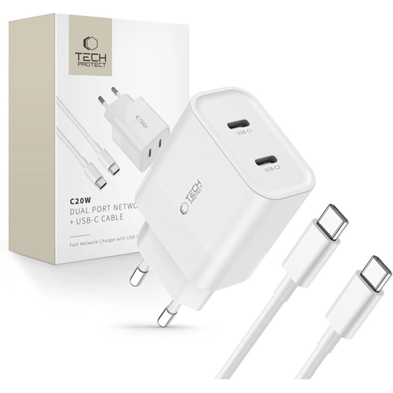 Picture of Tech-Protect Tech-Protect C20W 2x USB-C PD 20W charger with USB-C / USB-C cable - white