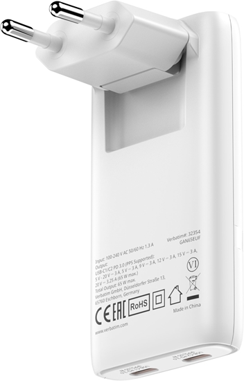 Picture of Verbatim Fold n Go GaN Charger 65W 2xUSB C weiß klappb.St.32355