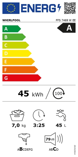 Picture of Whirlpool Washing machine | FFS 7469 W EE | Energy efficiency class A | Front loading | Washing capacity 7 kg | 1400 RPM | Depth 57.5 cm | Width 59.5 cm | Display | LED | White