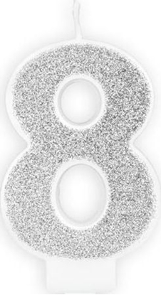 Picture of wieczka urodzinowa, cyferka 8, srebrna brokatowa, 7 cm. uniwersalny