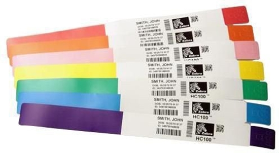 Picture of Wristband, Polypropylene, 1x10in (25.4x254mm); Direct thermal, Z-Band Splash, Adhesive closure, 1in (25.4mm) core, 350/roll, 4/box, Ora