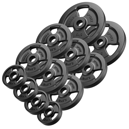 Attēls no 30mm svara diski Tri-Grip weight plates made of cast iron set 29 kg / 2 x 5 kg + 6 x 2.5 kg + 4 x 1 kg - Marbo Sport