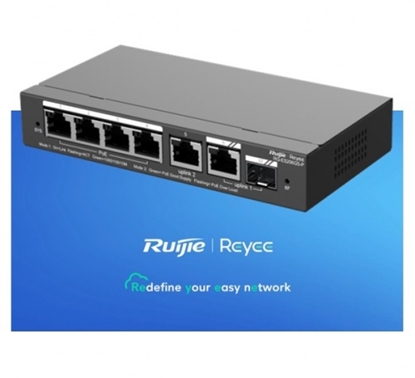 Picture of 6-Port Gigabit Smart PoE komutators: 4 PoE porti, 1 RJ45, 1 SFP, 54W PoE, galda, tērauda korpuss.