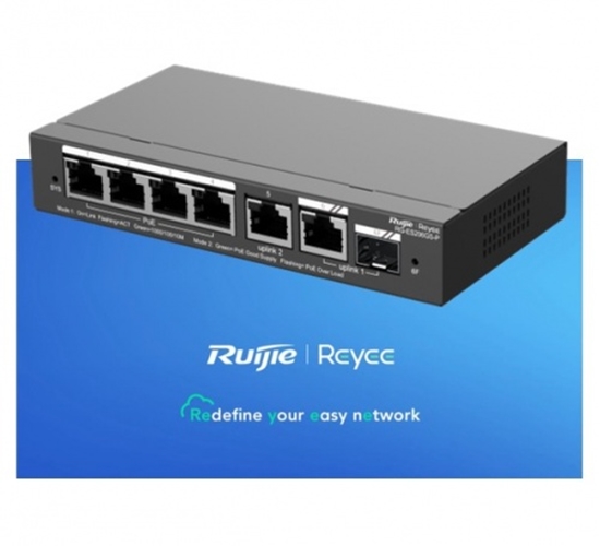 Picture of 6-Port Gigabit Smart PoE komutators: 4 PoE porti, 1 RJ45, 1 SFP, 54W PoE, galda, tērauda korpuss.