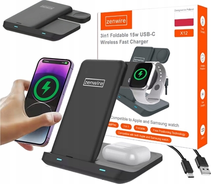Picture of adowarka Bezprzewodowa 3w1 USB-C Indukcyjna do Telefonu Smartfona Zegarka Watch Suchawek TWS Airpods Buds Zenwire X12