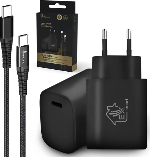 Picture of adowarka ExtraLink EXTRALINK SMART LIFE SET02 CABLE + CHARGER: 60W 20V 3A, USB-C-USB-C, 200CM / 18W PD3.0 5V/3A 9V/2A (BLACK)