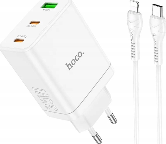 Picture of adowarka Hoco HOCO adowarka sieciowa 2 x Typ C + USB A + kabel Typ C do Lightning PD QC3.0 3A 35W N33 biaa