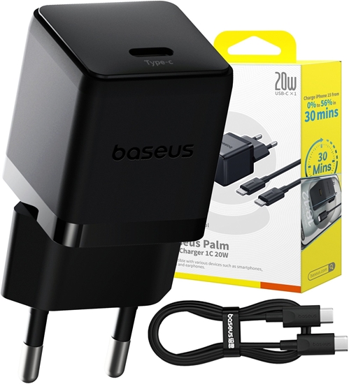 Picture of adowarka sieciowa Baseus Palm 1C 20W (z kablem Baseus Mini White USB-C 60W (20V/3A) 1m) - czarna